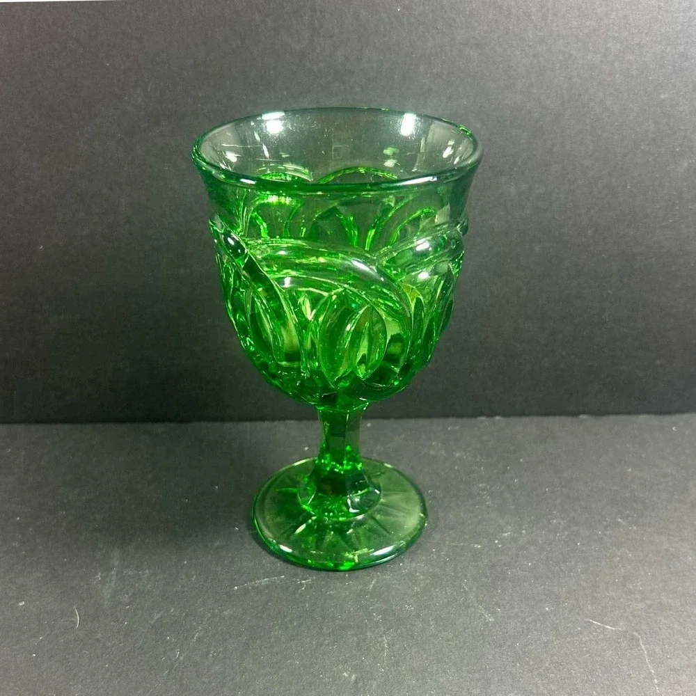 LG Wright Double Ring Goblet Green Vintage Pressed Glass Wine Water Glass